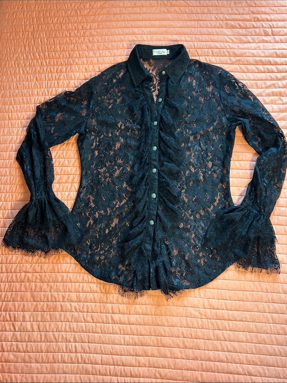 Tasha Polizzi Estate Black Sheer Lace Blouse dramatic bell cuffs Size Small - Picture 12 of 16